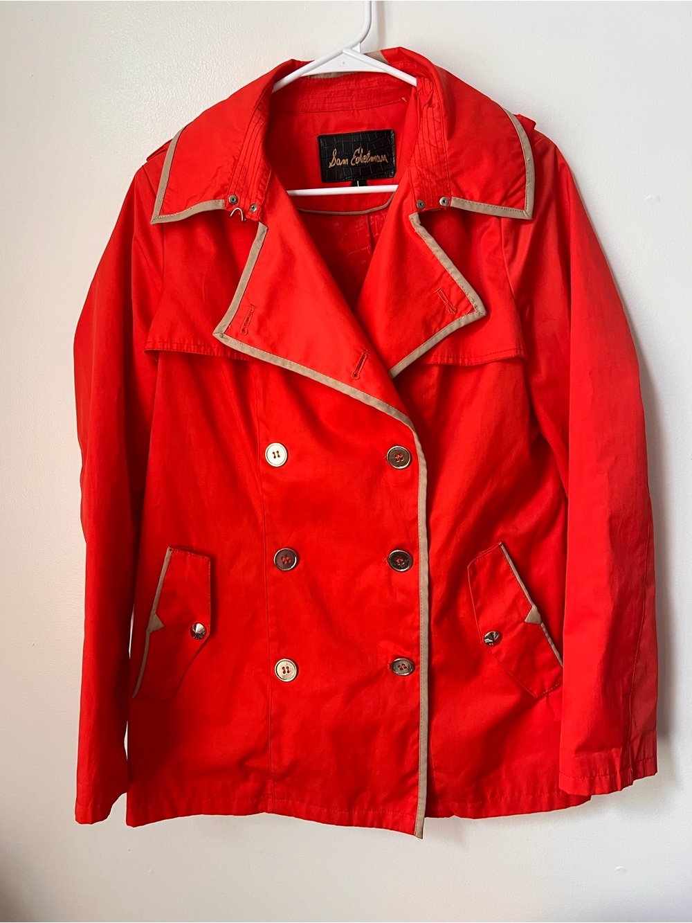 Sam Edelman Orange Red Double Breasted Short Trench Coat Tan Trim Rain Jacket L